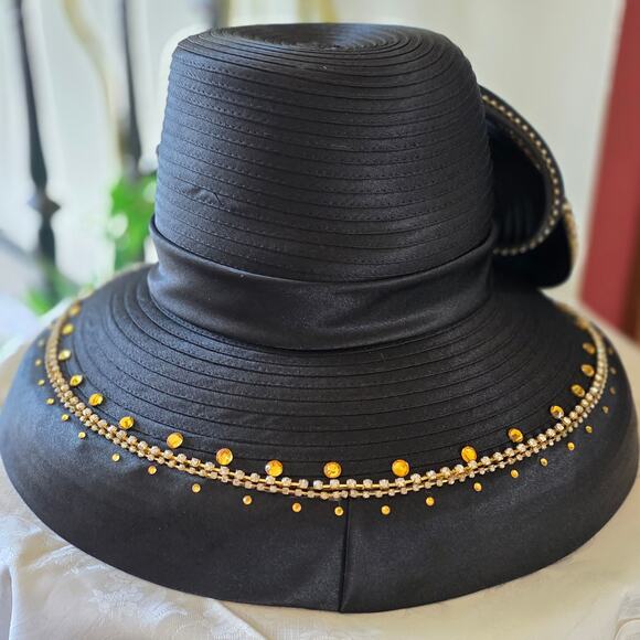 NIB Champagne Italy black whimsical hat with satin ribbons and bows, gemstones - Picture 3 of 4